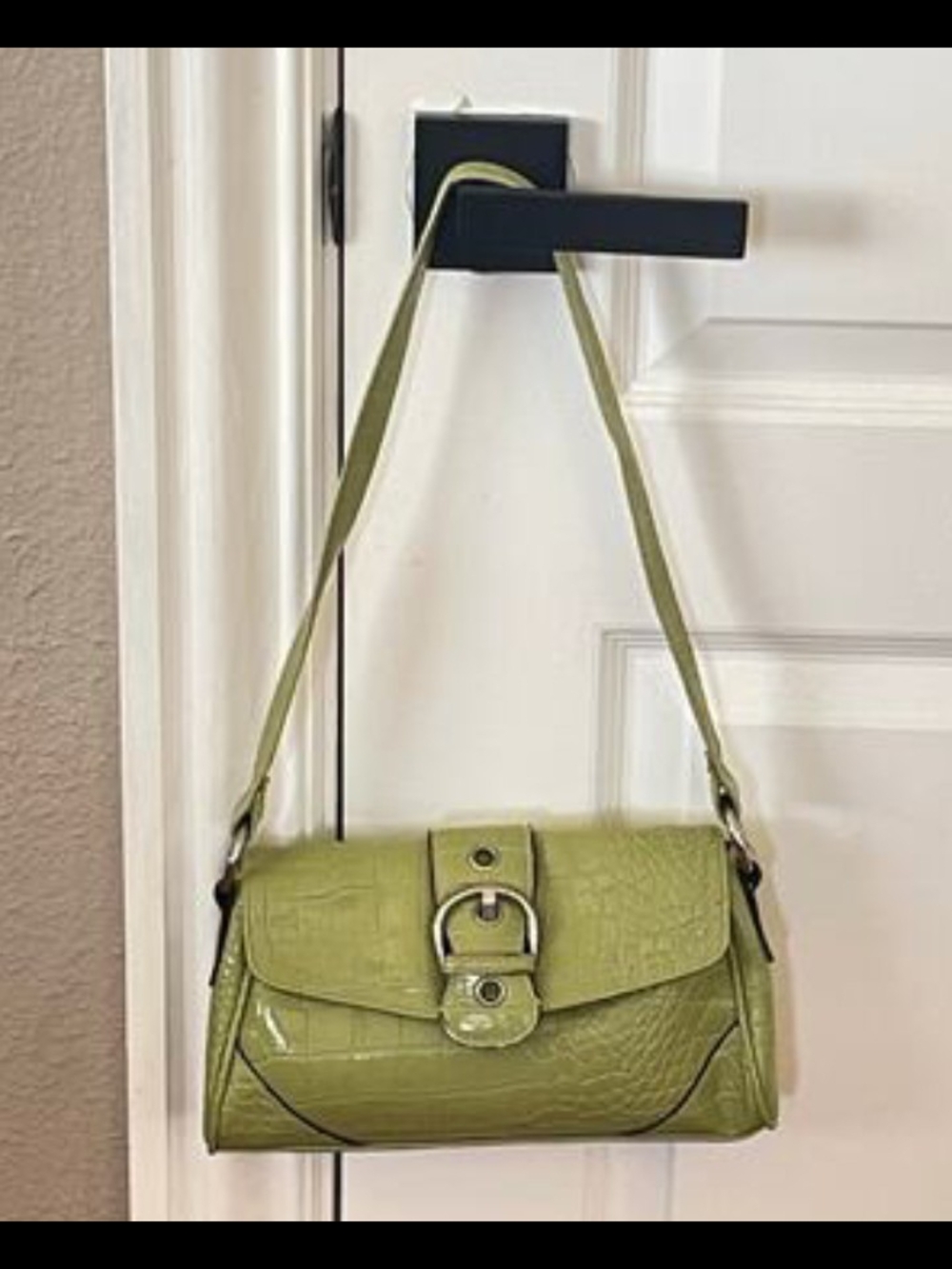 Olive Green Croc-Embossed Shoulder Bag